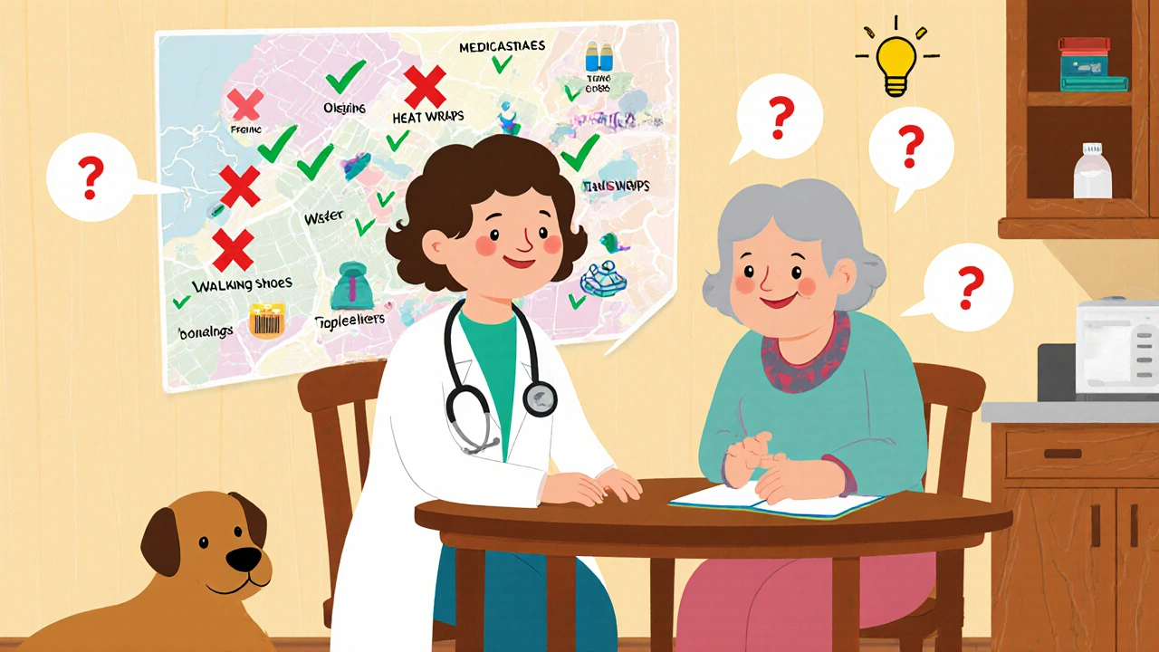 A doctor and older woman reviewing medications at a kitchen table, with safer alternatives shown as icons.