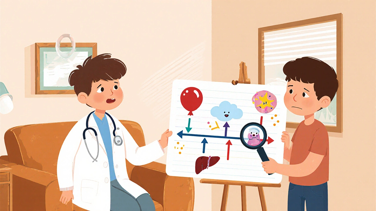A doctor and patient examine a timeline showing delayed drug reactions like skin blisters and a swollen liver.