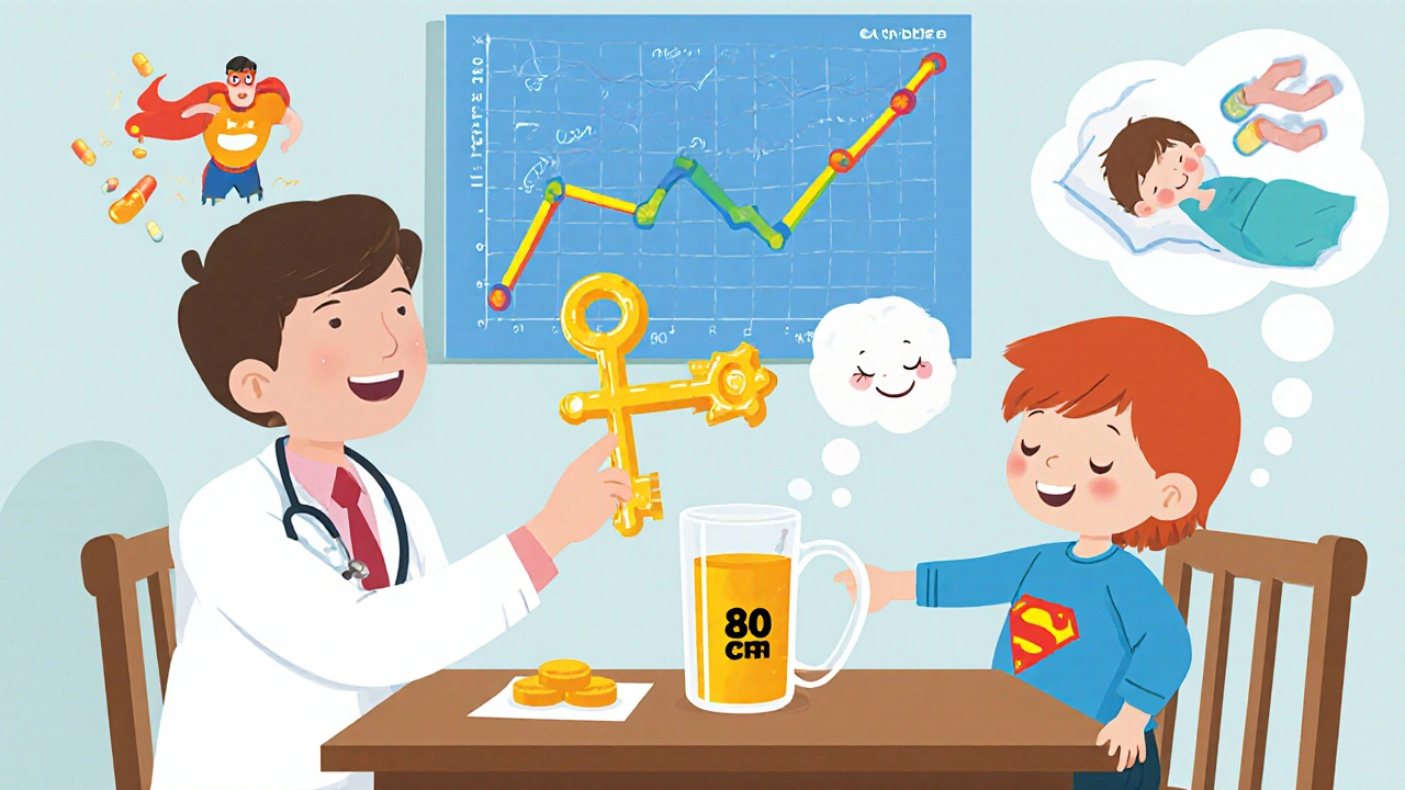 A doctor gives an iron tablet shaped like a key to a patient drinking orange juice at a kitchen table.