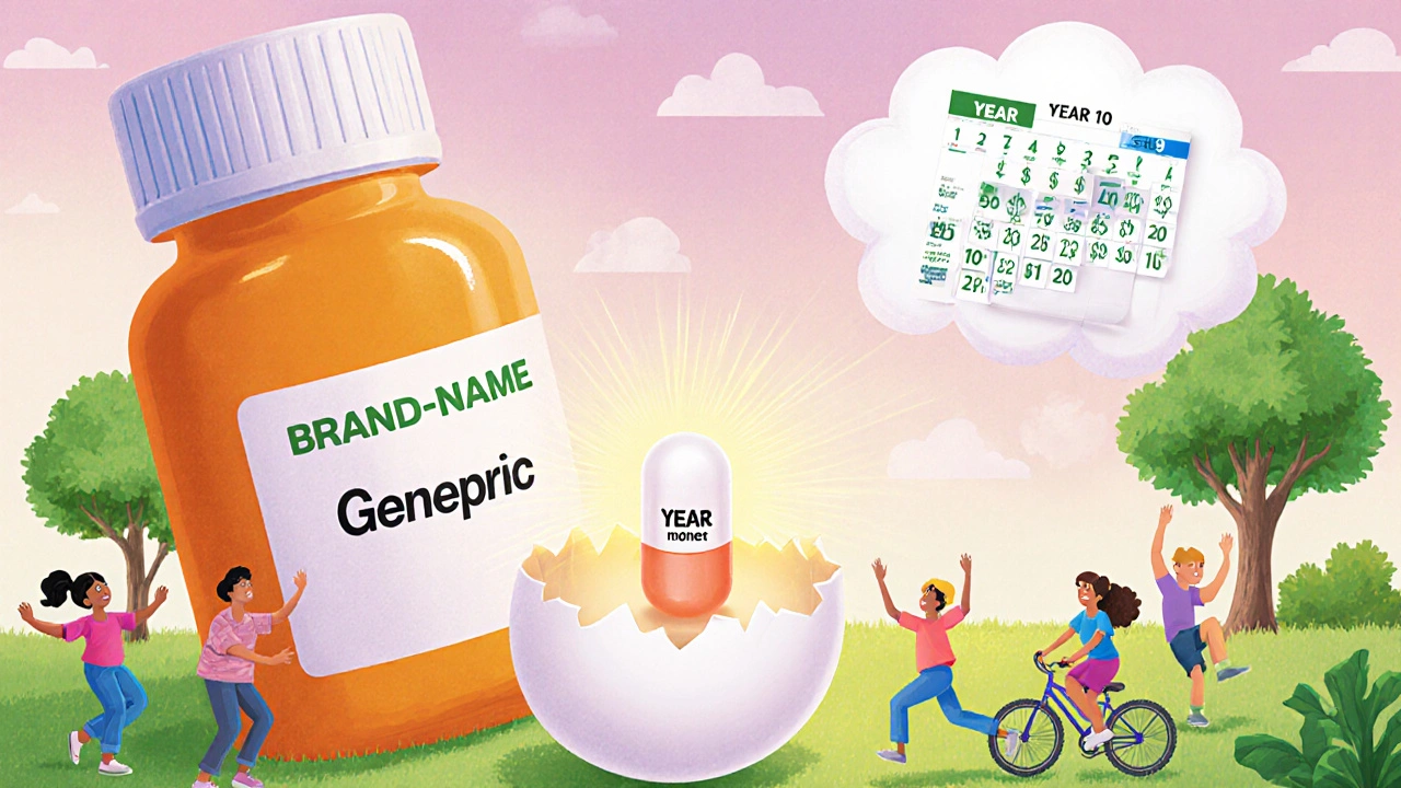 A giant brand-name bottle cracks open to reveal a shining generic pill, with people enjoying life around it.