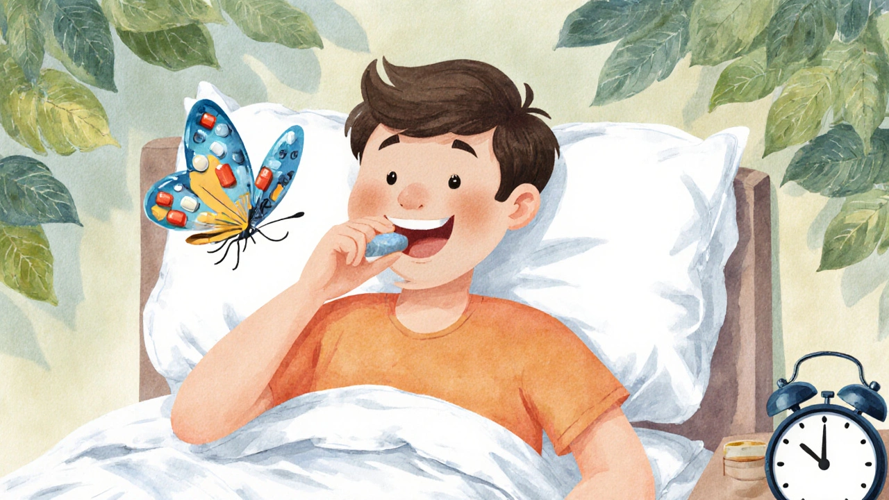A man taking a dissolving pill under his tongue with a smiling clock and flying pill-shaped butterfly.