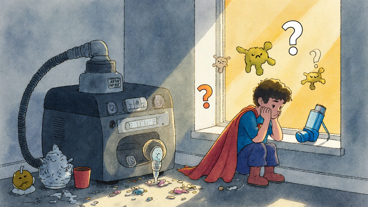 A messy nebulizer with mold spores next to a clean spacer and inhaler glowing with light.