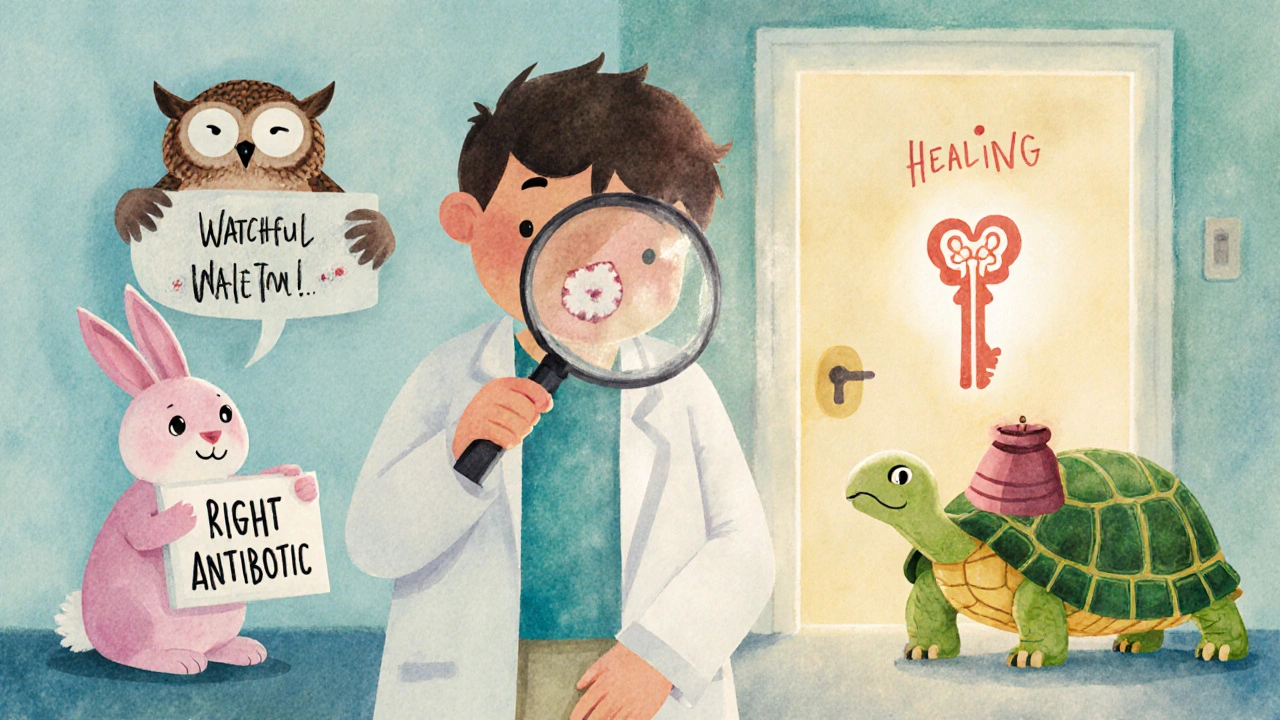 A patient with magnifying glass and animal guides helping choose the right antibiotic