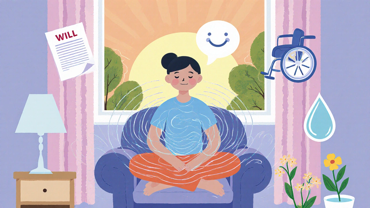 A person in a living room is surrounded by care planning symbols, with gentle chorea movements shown as swirling lines.