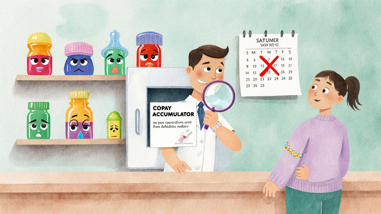A pharmacist uses a magnifying glass to reveal a hidden trapdoor labeled &#039;Copay Accumulator&#039; at a colorful pharmacy counter.