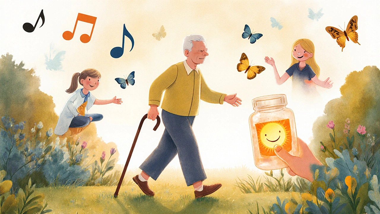 A senior walking happily in a garden as opioid pills turn into butterflies, surrounded by therapy symbols.
