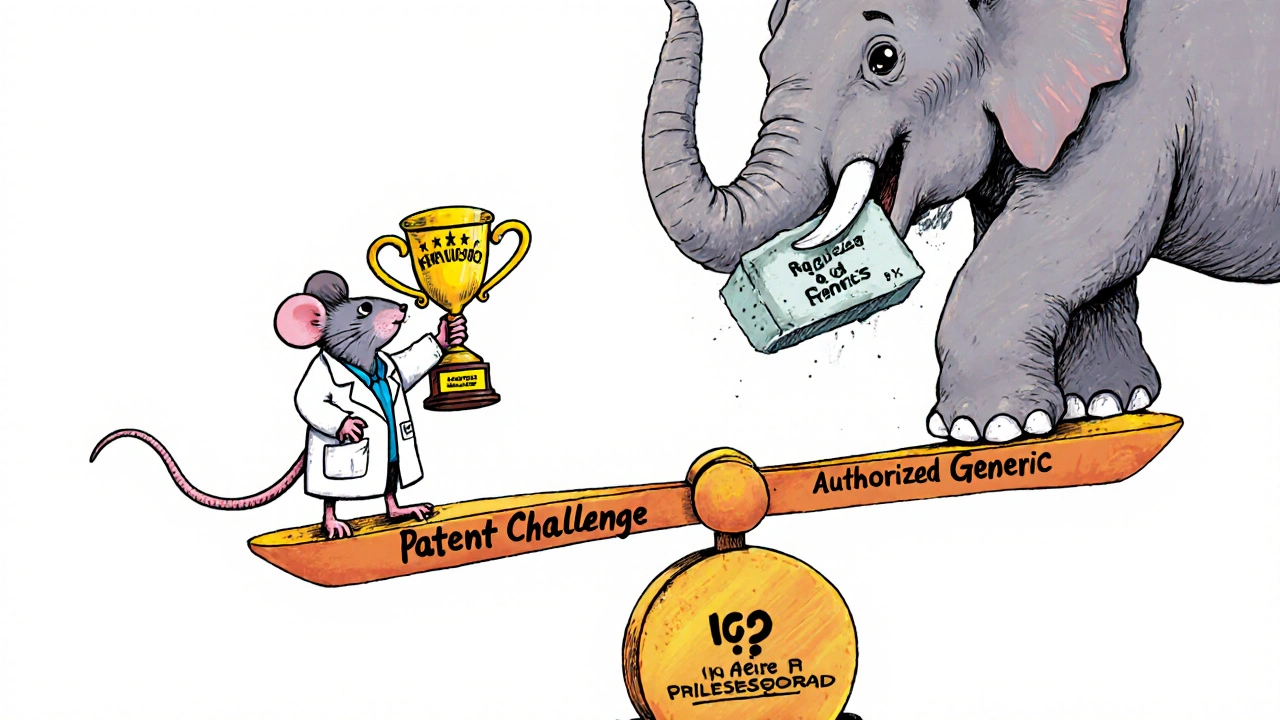 A small mouse in a lab coat wins a trophy, but a giant elephant drops a block labeled &#039;Authorized Generic&#039; to crush it.
