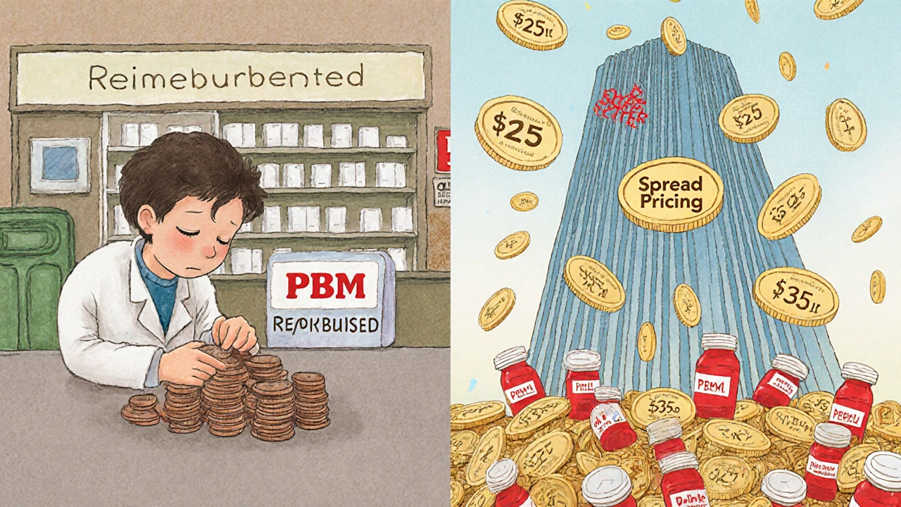 A small pharmacy struggles with low reimbursement while a giant PBM tower profits from pill bottles.