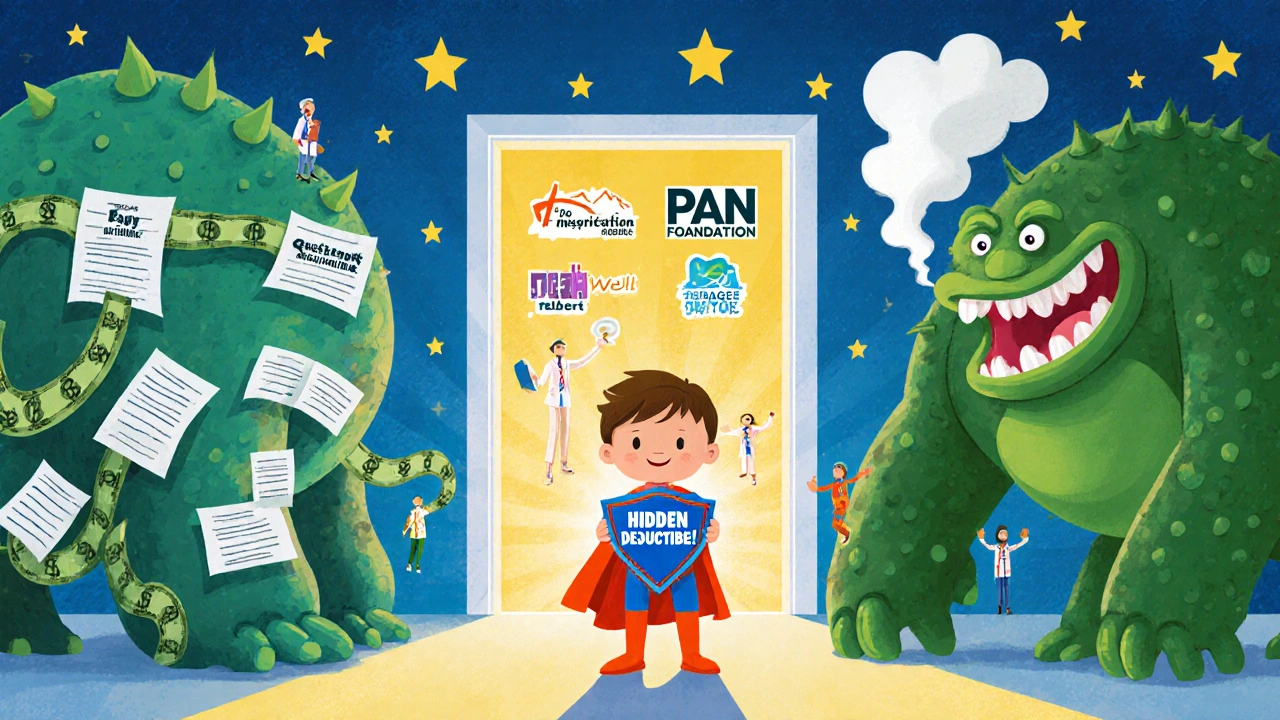 A superhero child stands against monsters labeled &#039;Copay Maximizer&#039; and &#039;Hidden Deductible&#039;, with nonprofit helpers shining behind them.