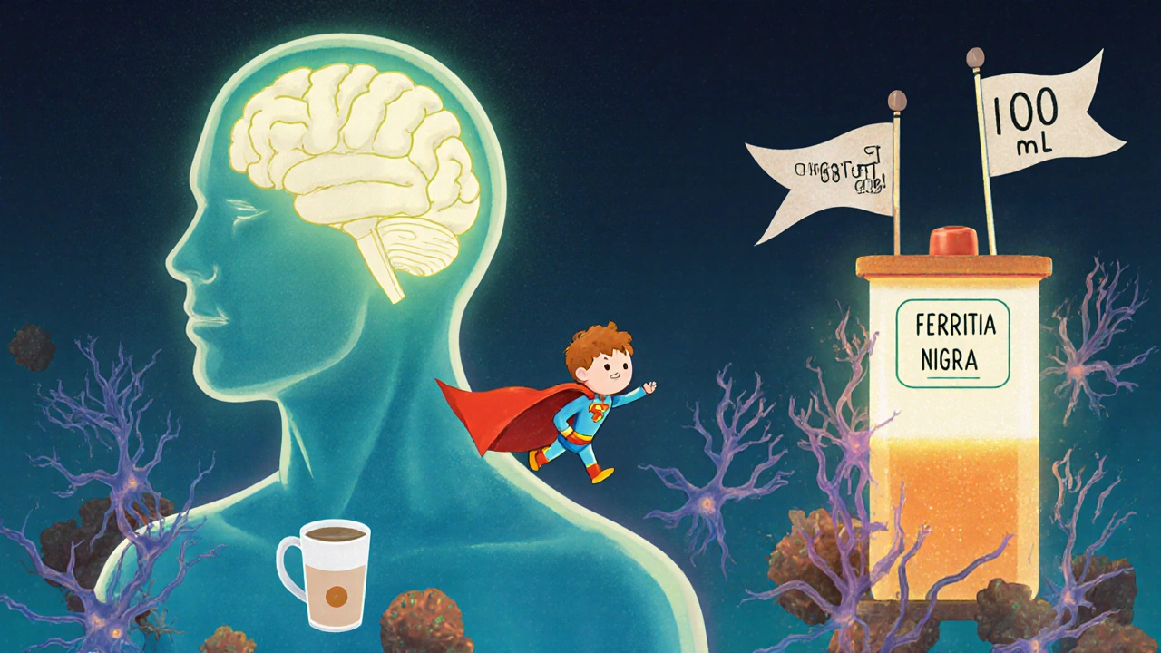 A tiny iron superhero flying through the body toward the brain, escaping coffee and antacids.