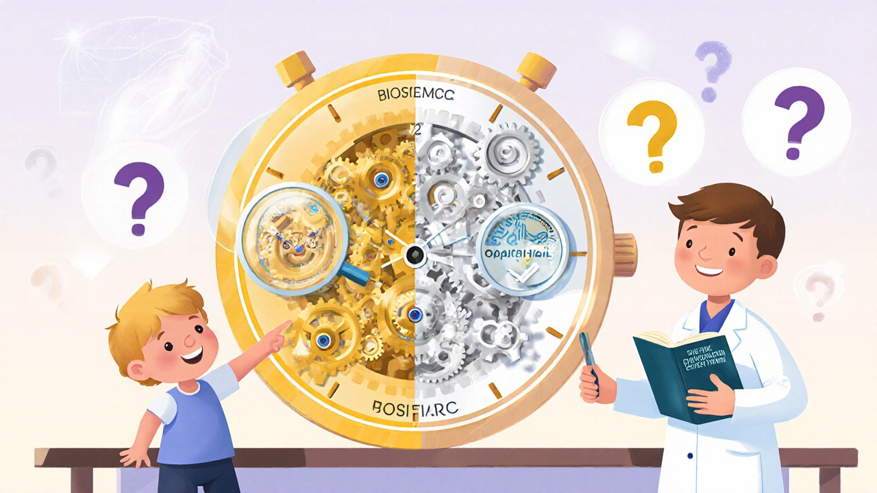 Child examining two versions of a Swiss watch, one golden and one silver, with a pharmacist nearby holding an educational book.