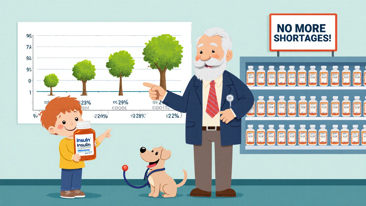 Child holding insulin bottle beside grandfather pointing to growing U.S. drug factories, with full pharmacy shelf and happy dog.