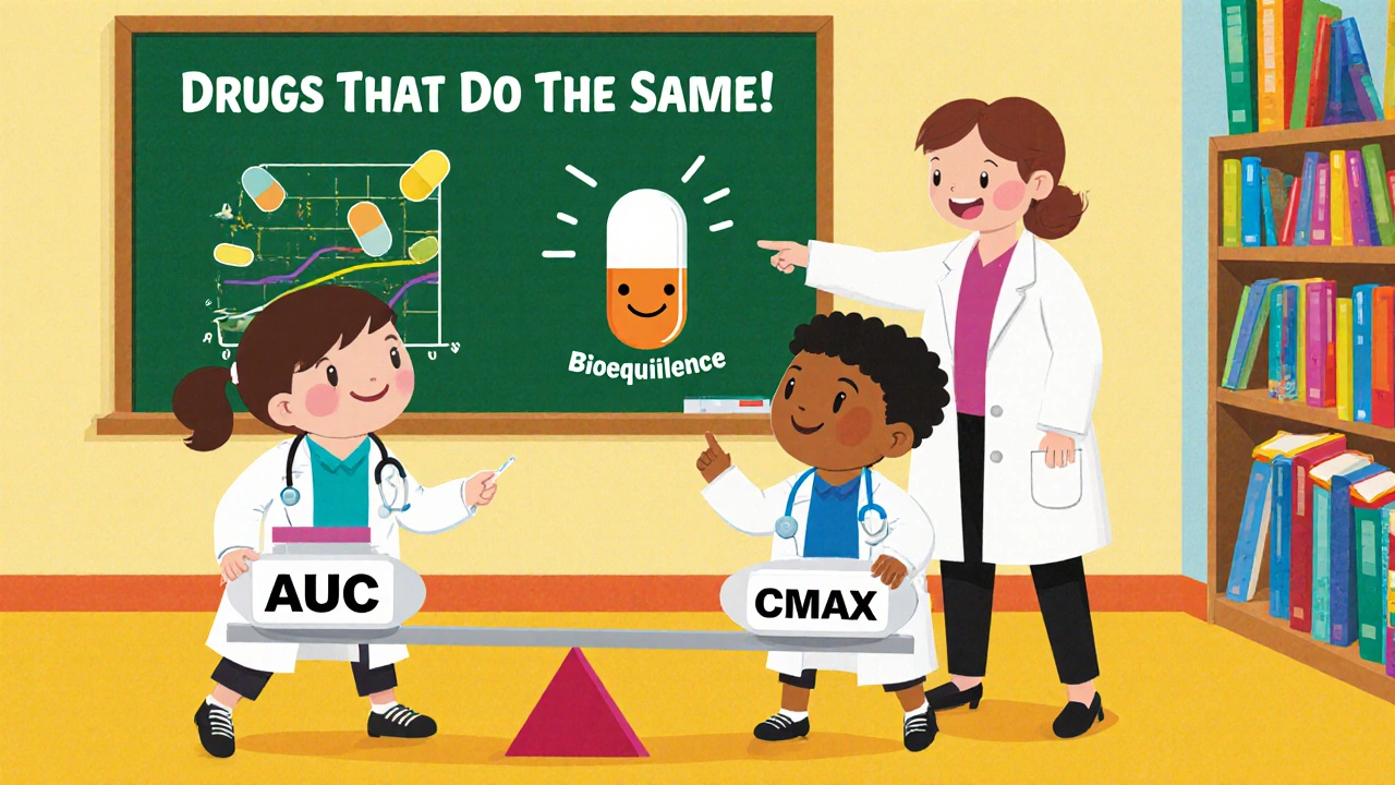Children playing with pill blocks labeled &#039;Bioequivalence!&#039; on a seesaw, learning science in a classroom.