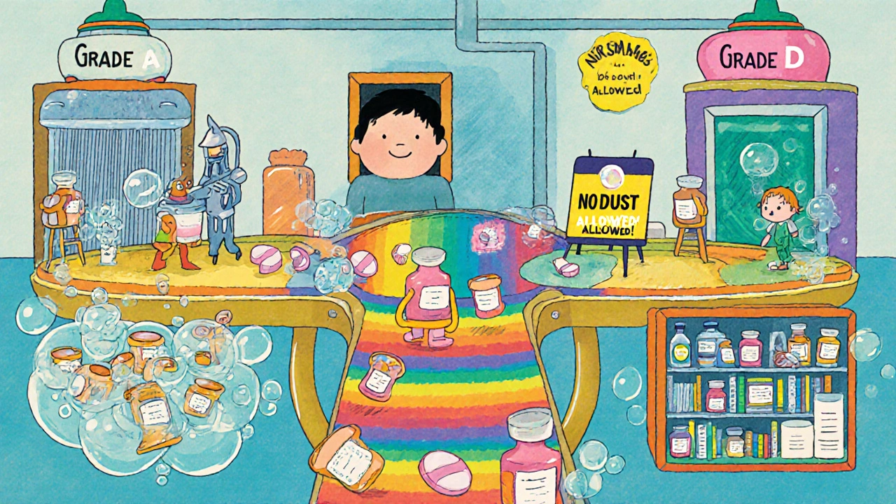 Colorful pharmaceutical line with four graded zones, each represented by unique characters and colors, showing pill production.