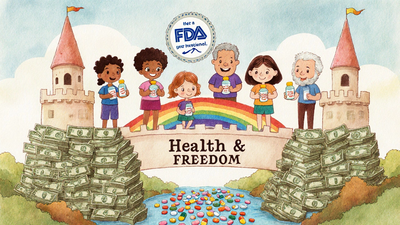 Diverse people stand on a money stack turned into a bridge to a castle, holding generic pill bottles.