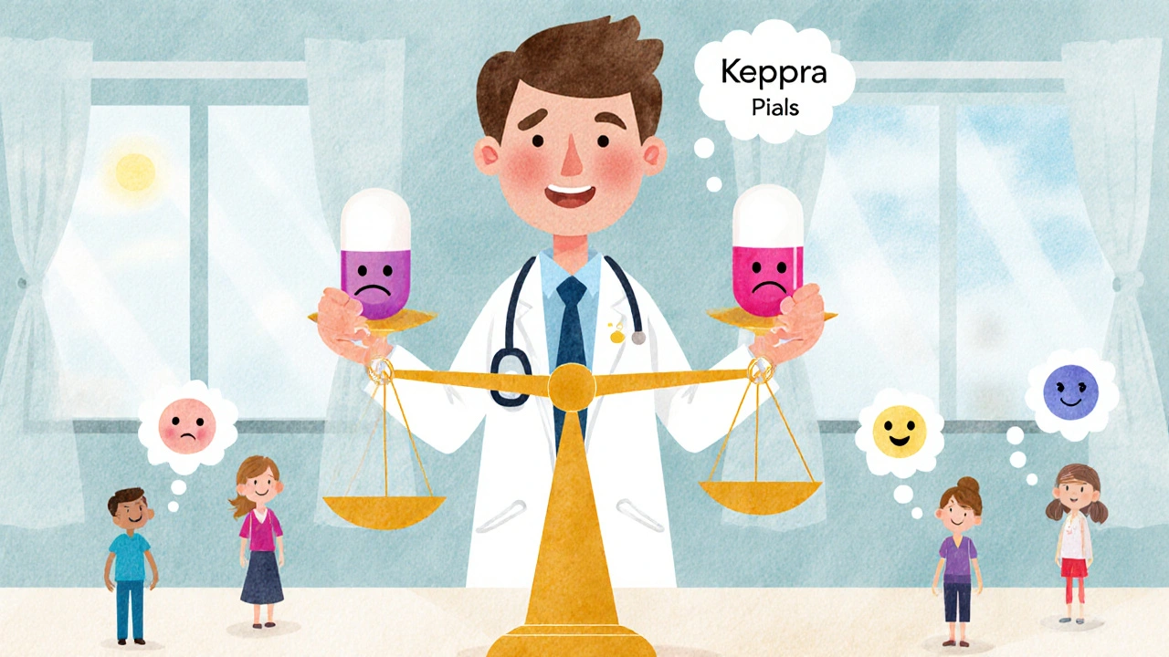 Doctor balancing Keppra and Lamictal pills, with patient figures showing mood and seizure effects.