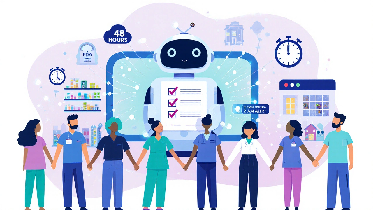 Healthcare team gathered around a screen showing an AI robot linking pharmacy, FDA, and patients.