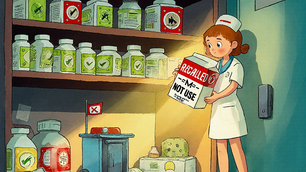 Nurse pulling a red-tagged recalled medicine box from a cluttered hospital closet.