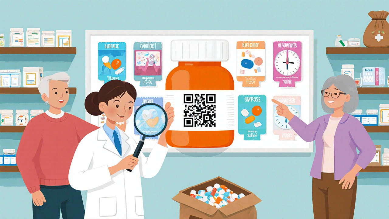 Pharmacist and caregiver examining pill bottle with QR code and illustrated medication chart.
