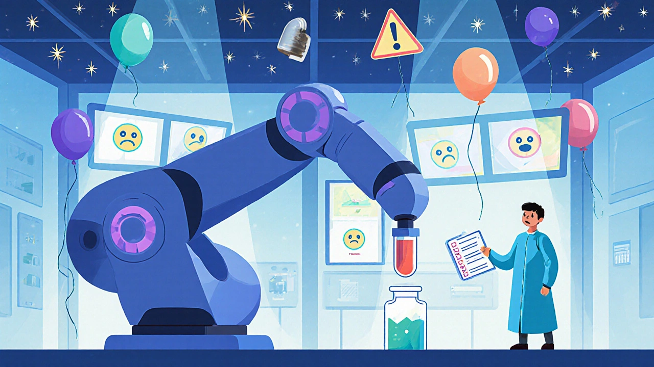 Robot arm placing medicine in a vial under glowing HEPA filters, with monitoring screens showing happy faces and a worker holding a checklist.