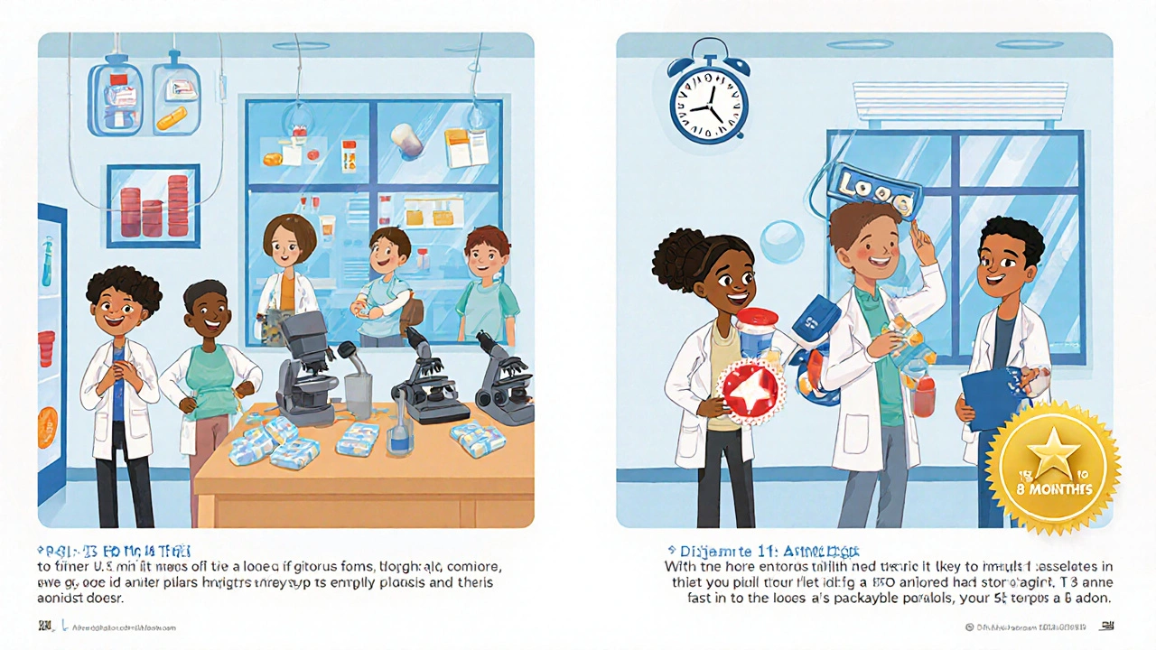 Scientists assembling a generic pill in a bright U.S. factory, showing each step from API to packaging with glowing approval stamp.