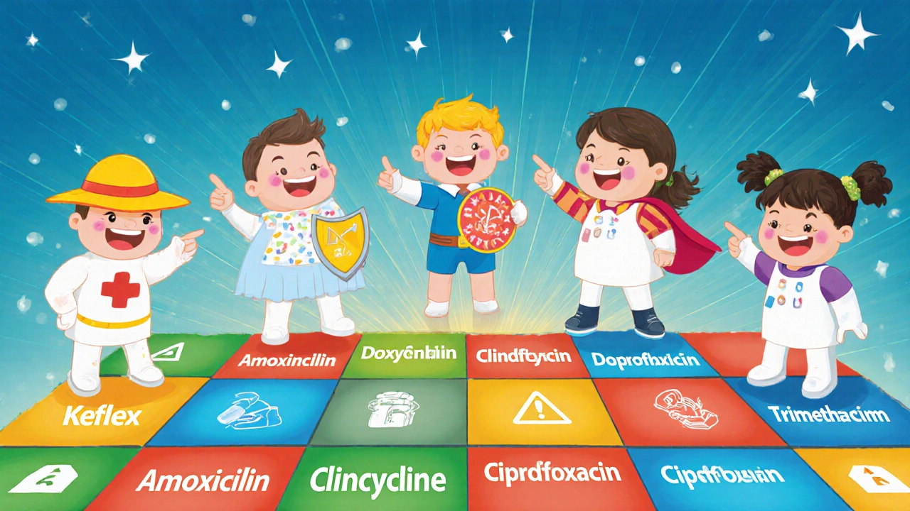 Six antibiotic characters in a colorful board game, each with unique traits and icons