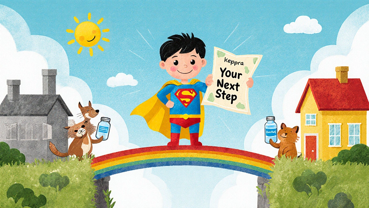 Superhero &#039;Seizure Buster&#039; standing on a rainbow bridge between two towns representing treatment options.