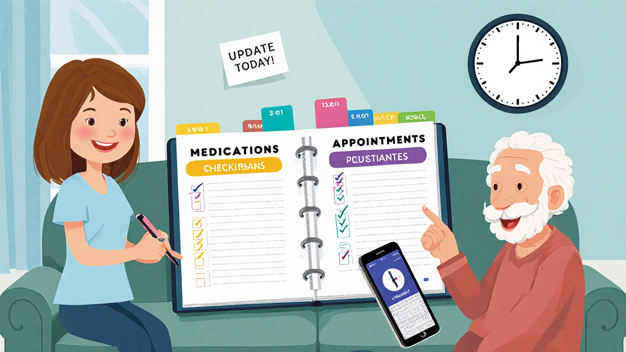 Three-ring binder with medication tabs open on couch, caregiver checking off safety list.