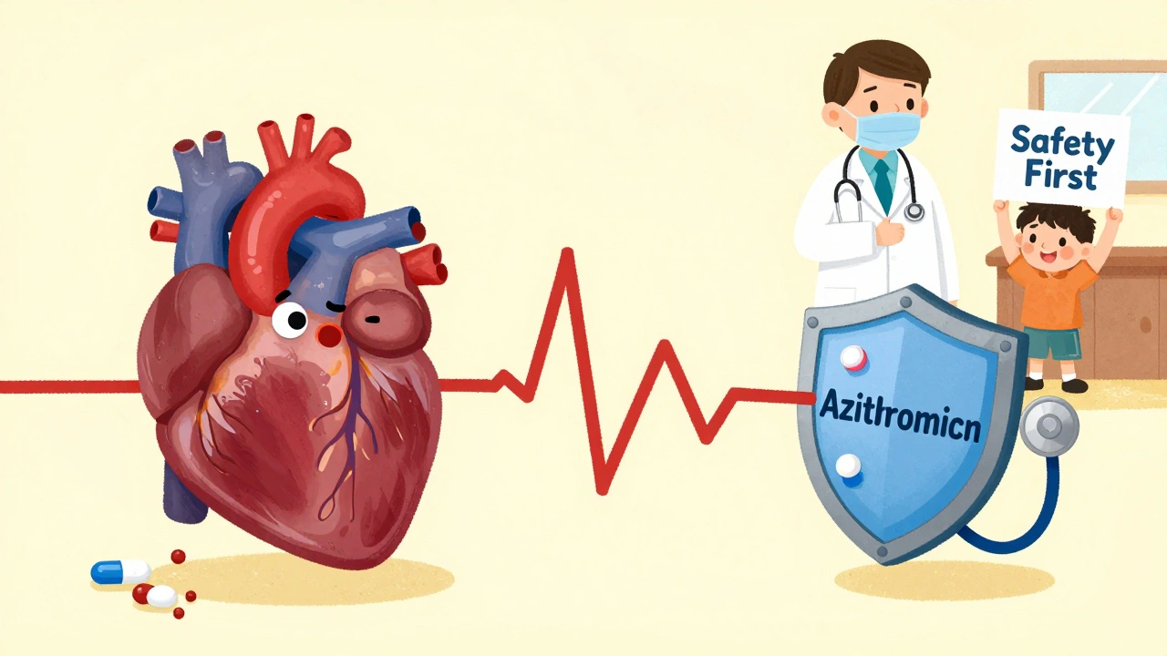 A cartoon heart with a dangerous ECG line being pulled apart by pills, blocked by a shield of a safer antibiotic.