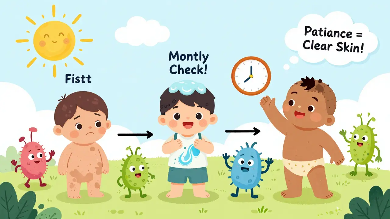 A child's journey from patchy skin to clear skin shown over time with monthly reminders and happy bacteria celebrating.