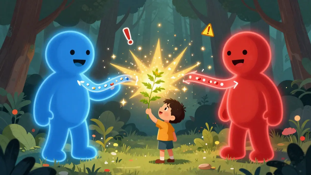A child's leaf causes glowing medication paths to glitch with warning symbols in a magical forest.