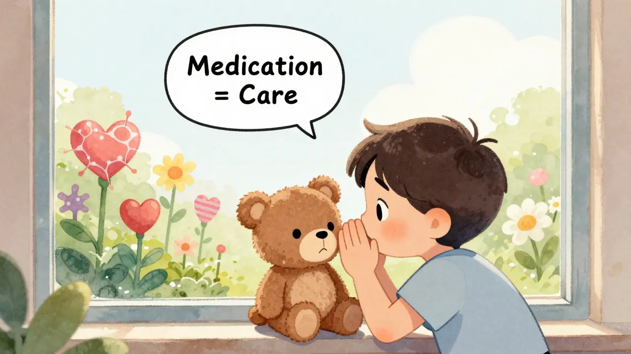 A child comforts a teddy bear while talking about brain medicine, with heart and neuron-shaped flowers outside.