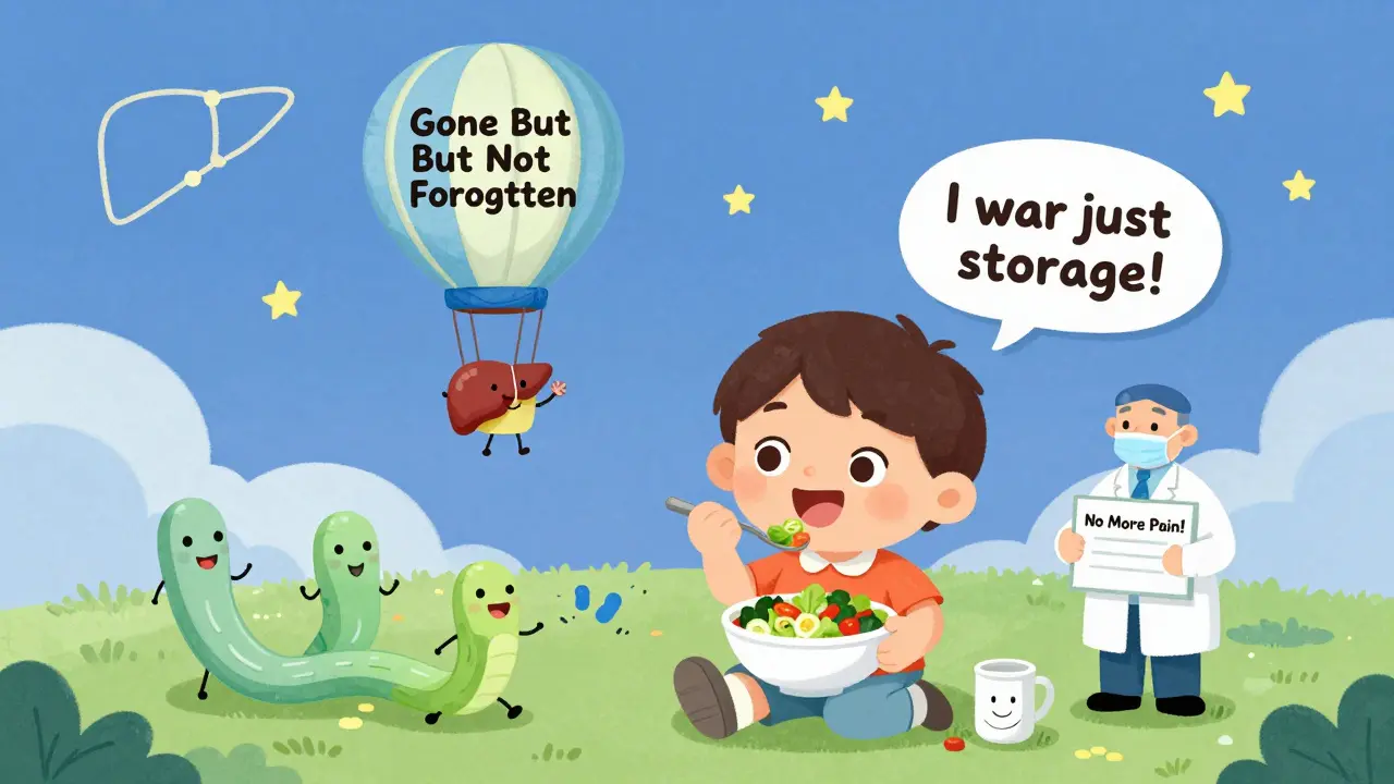 A child eating salad as a gallbladder waves goodbye in a hot air balloon, bile ducts smiling below.