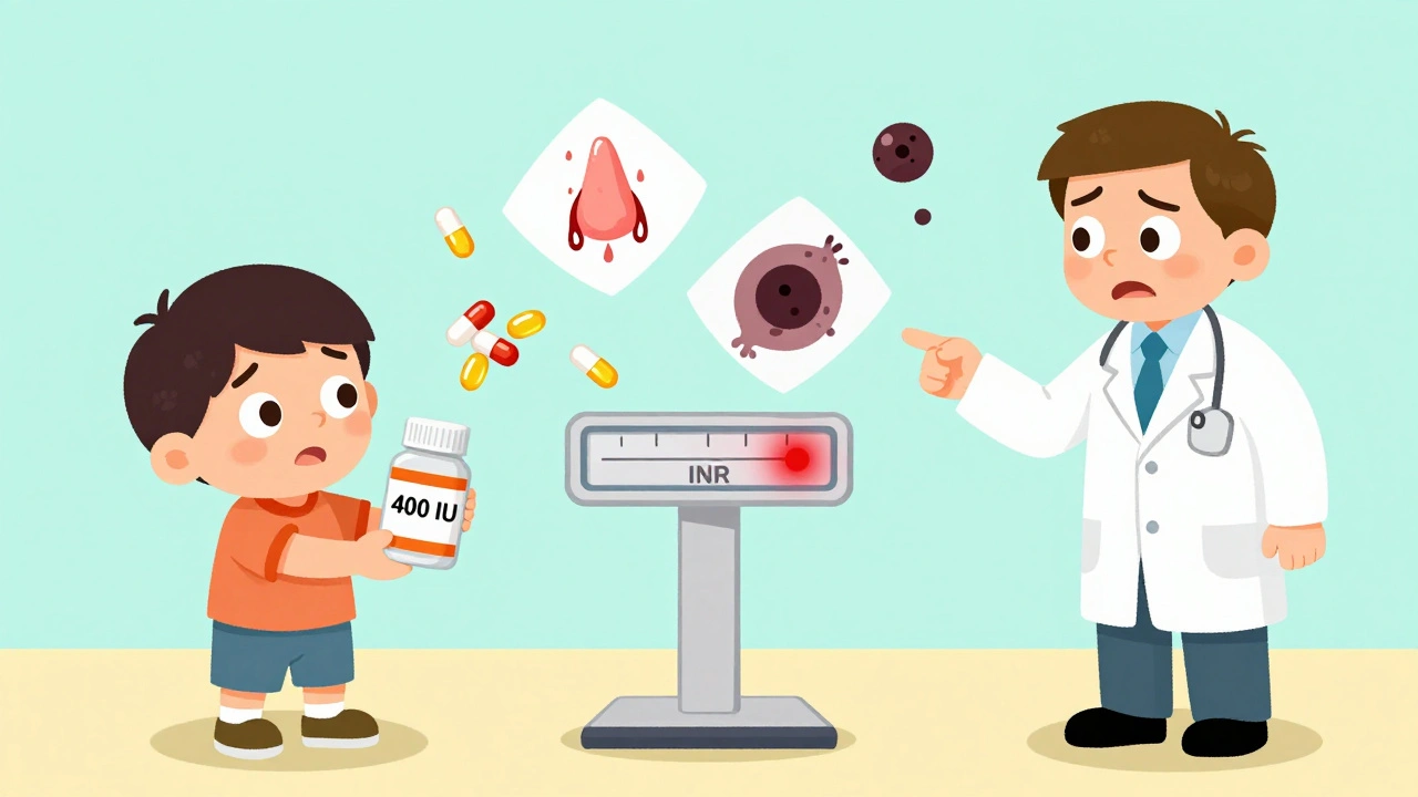 A child holding a supplement bottle while a doctor points to a scale tipped by bleeding risks.