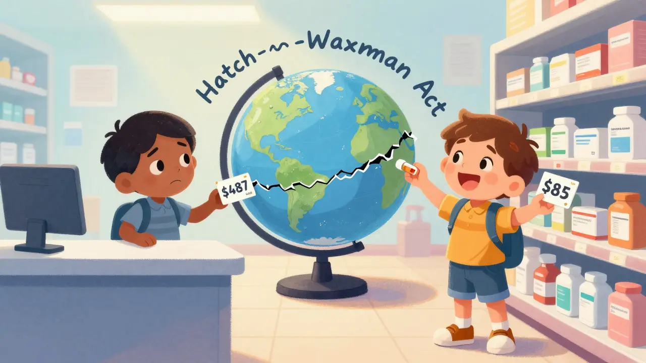 A child in the U.S. waits sadly for medicine while a child in Europe receives it cheaply, separated by a broken law labeled 'Hatch-Waxman'.