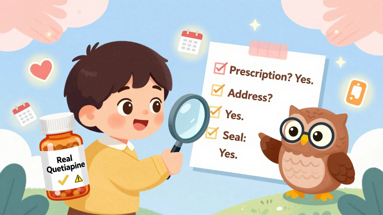 A child uses a magnifying glass to compare real and fake pills with a helpful owl.
