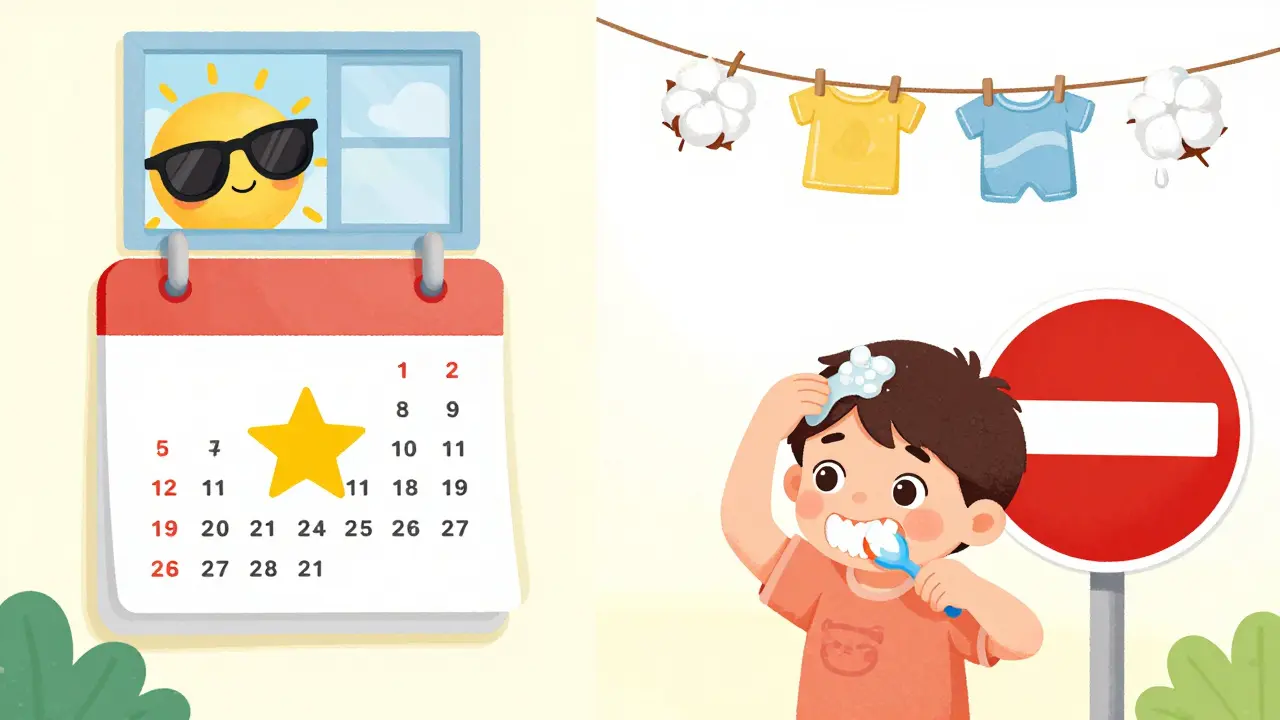 A child uses antifungal shampoo monthly, with cotton clothes drying and oily products hidden away behind a sign.