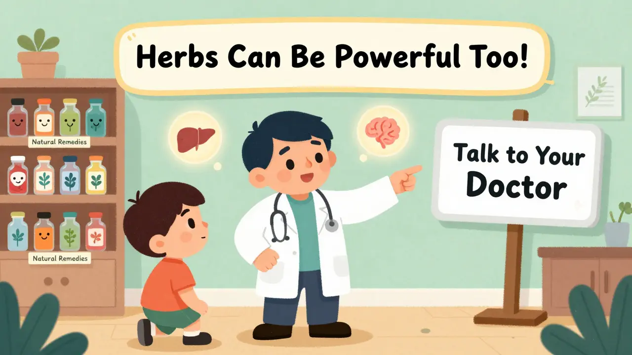 A doctor and pharmacist guide a patient away from herbal supplements toward safe medical advice.