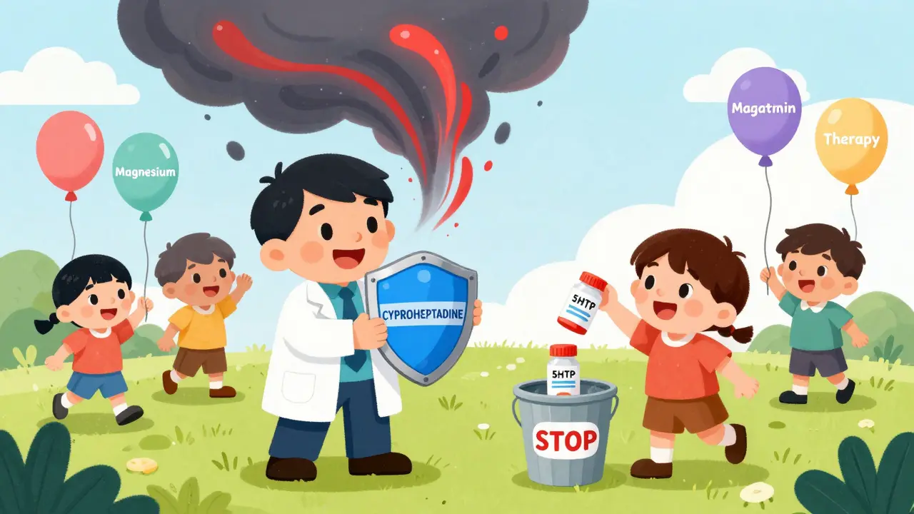 A doctor blocks serotonin waves with a shield while a child throws 5-HTP in the trash, safe alternatives nearby.