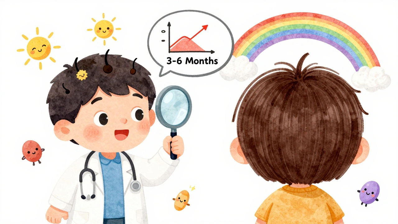 A doctor examines hair follicles as smiling suns, showing growth phases with a rainbow leading to full hair.