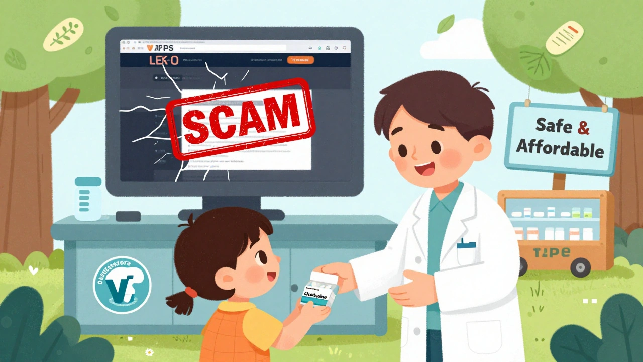 A doctor gives a child safe medication at a cheerful pharmacy with a safety seal.