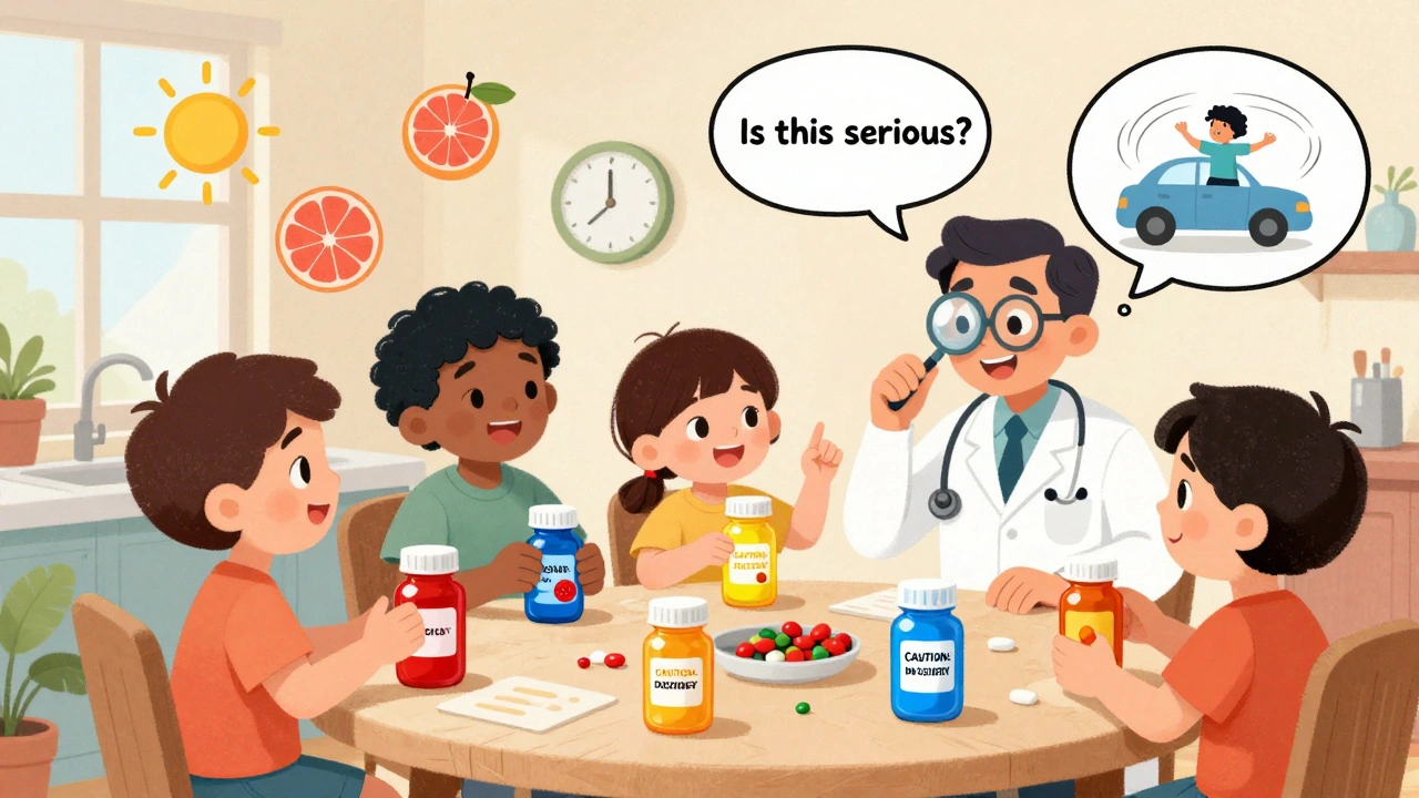 A family and pharmacist examine colorful prescription stickers at a kitchen table with floating warning icons.
