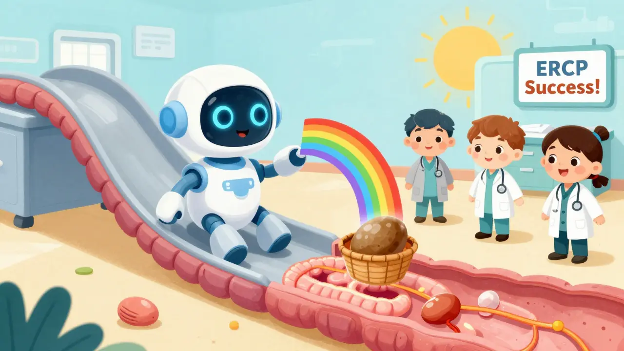 A friendly endoscope robot removing a gallstone from a bile duct with colorful X-ray arcs.