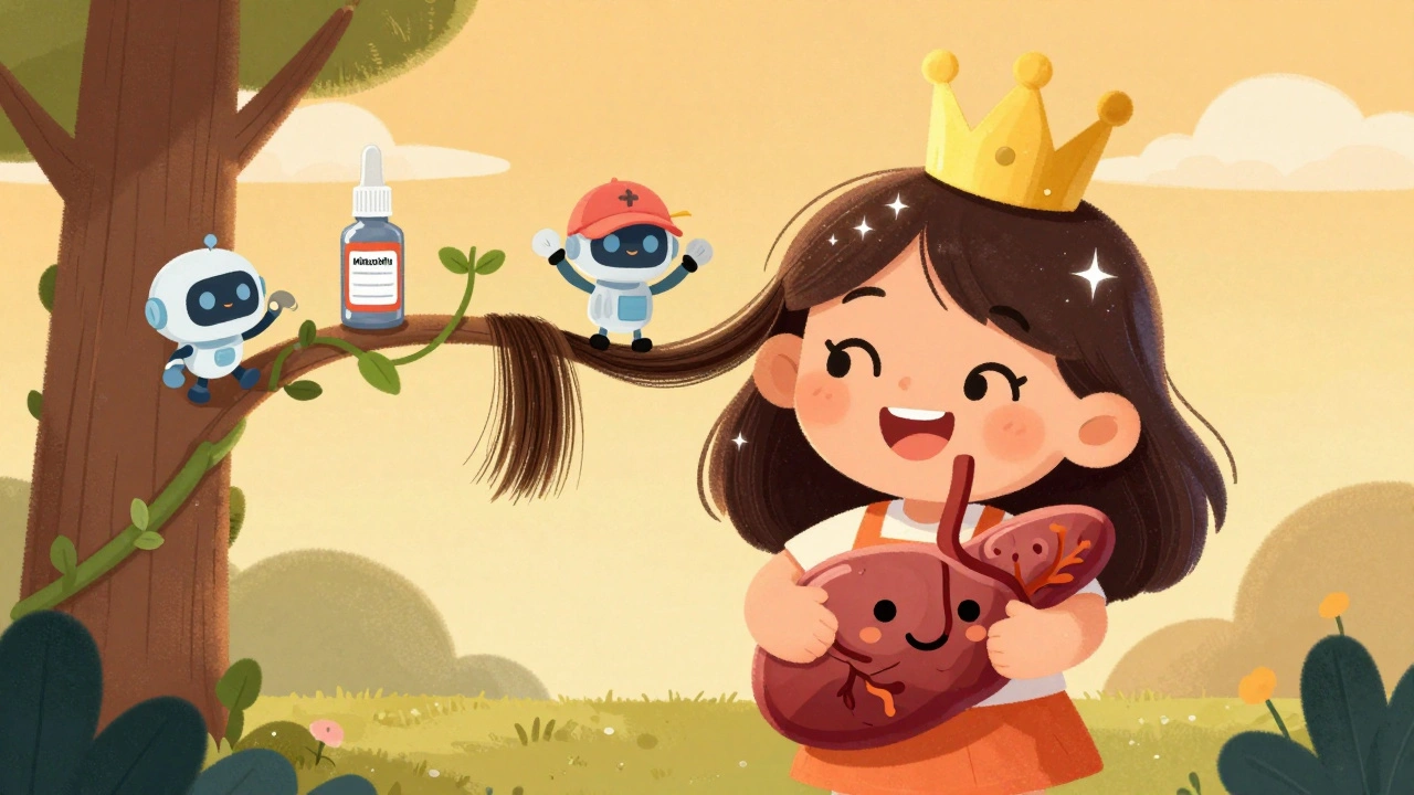 A girl in a sparkly wig hugs a happy organ, as hair grows back like vines under a golden sunset.