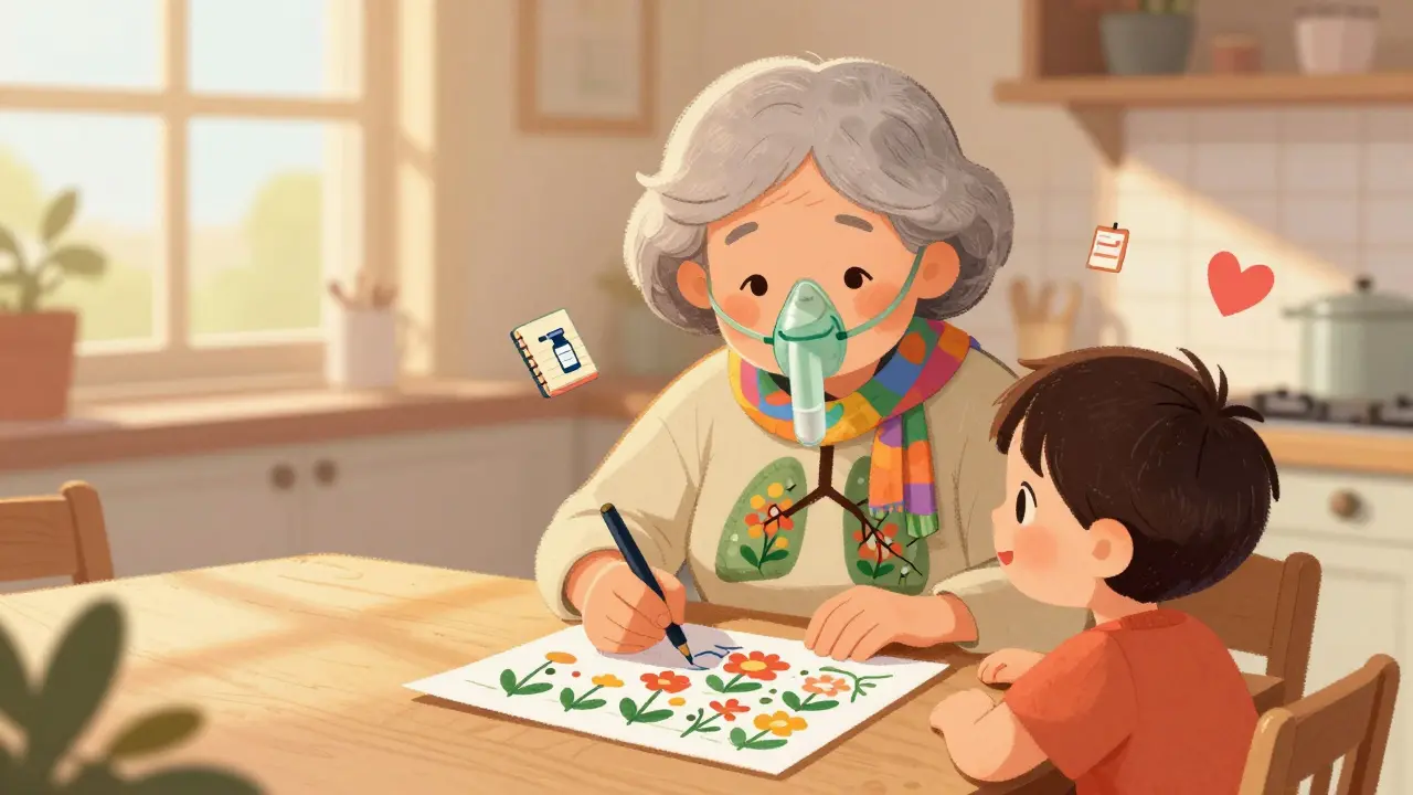 A grandmother wearing an oxygen tube like a scarf, smiling as her grandchild draws, with a flower-shaped lung graphic.