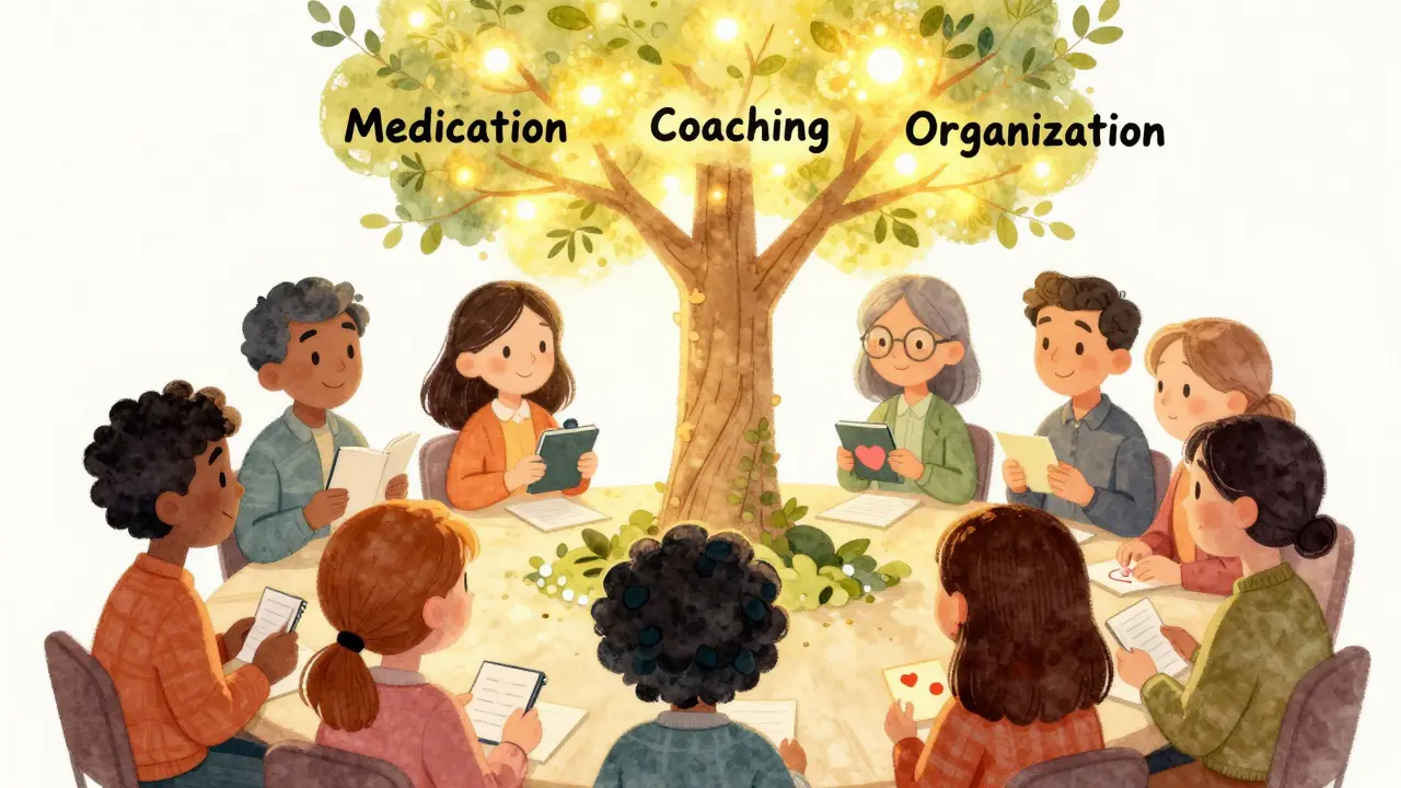 A group of adults holding ADHD tools under a glowing tree labeled with medication, coaching, and organization.