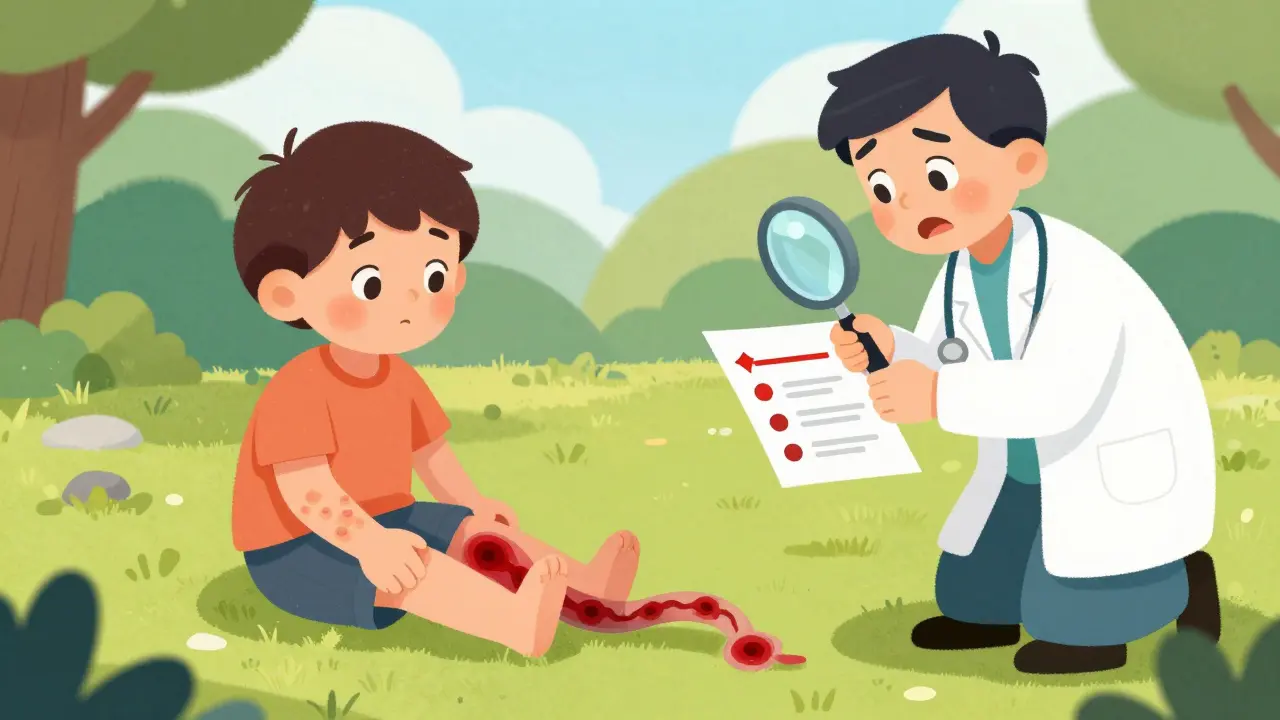 A happy patient playing with their child, but a shadowy blood clot runs up their leg while a doctor examines a blood test with warning symbols.