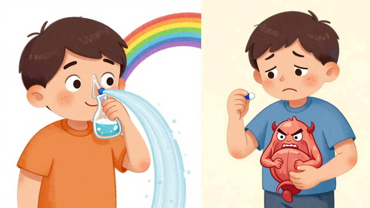 A man using a neti pot versus another man with a muscle monster tightening his bladder.