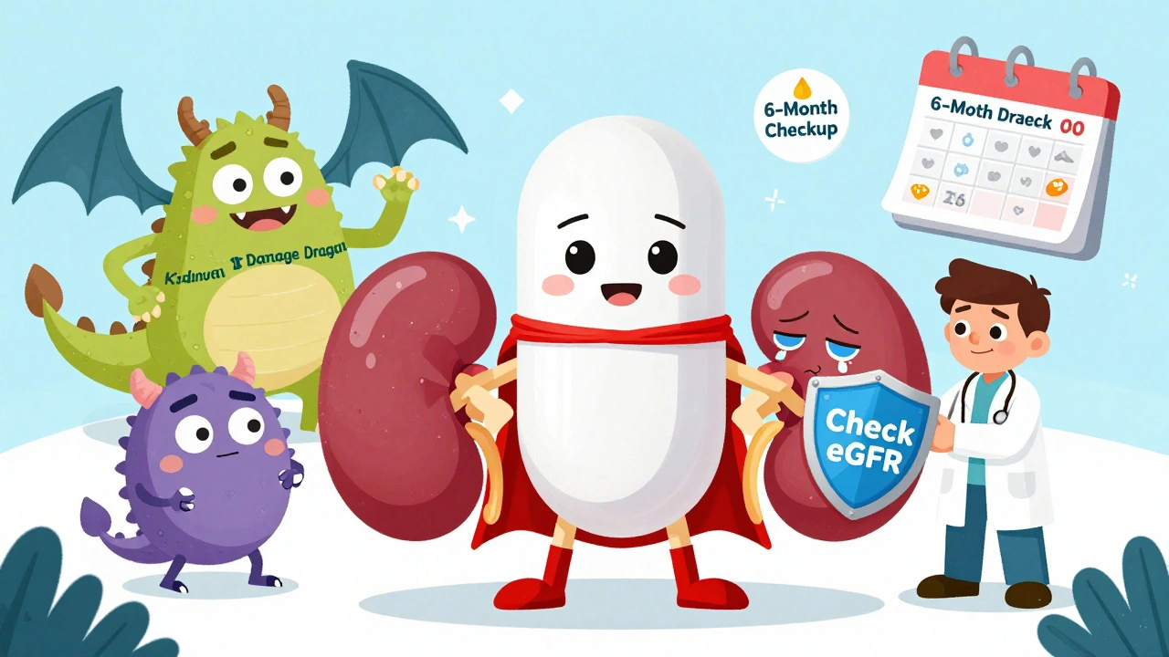 A metformin superhero defeats myth monsters with an eGFR shield, helping a tired kidney stay healthy.
