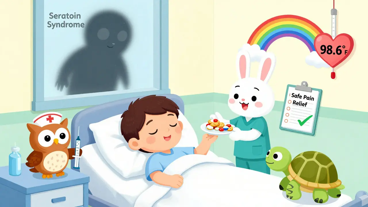 A patient rests safely as medical animals offer safe pain relief, while a dark serotonin syndrome figure fades away.